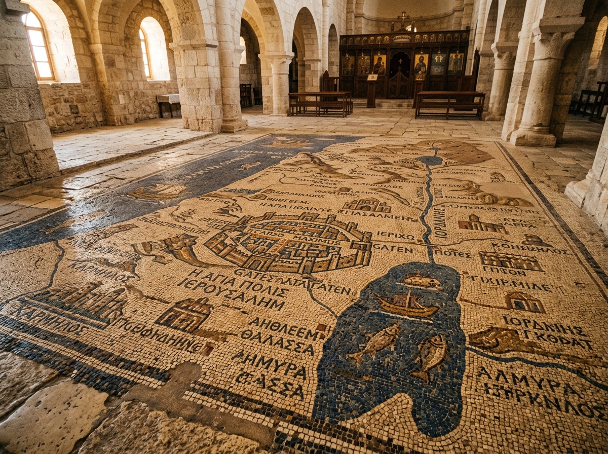 Мозаичная карта Святой Земли в церкви Мадабы, древние каменные мозаики с синими и золотыми оттенками