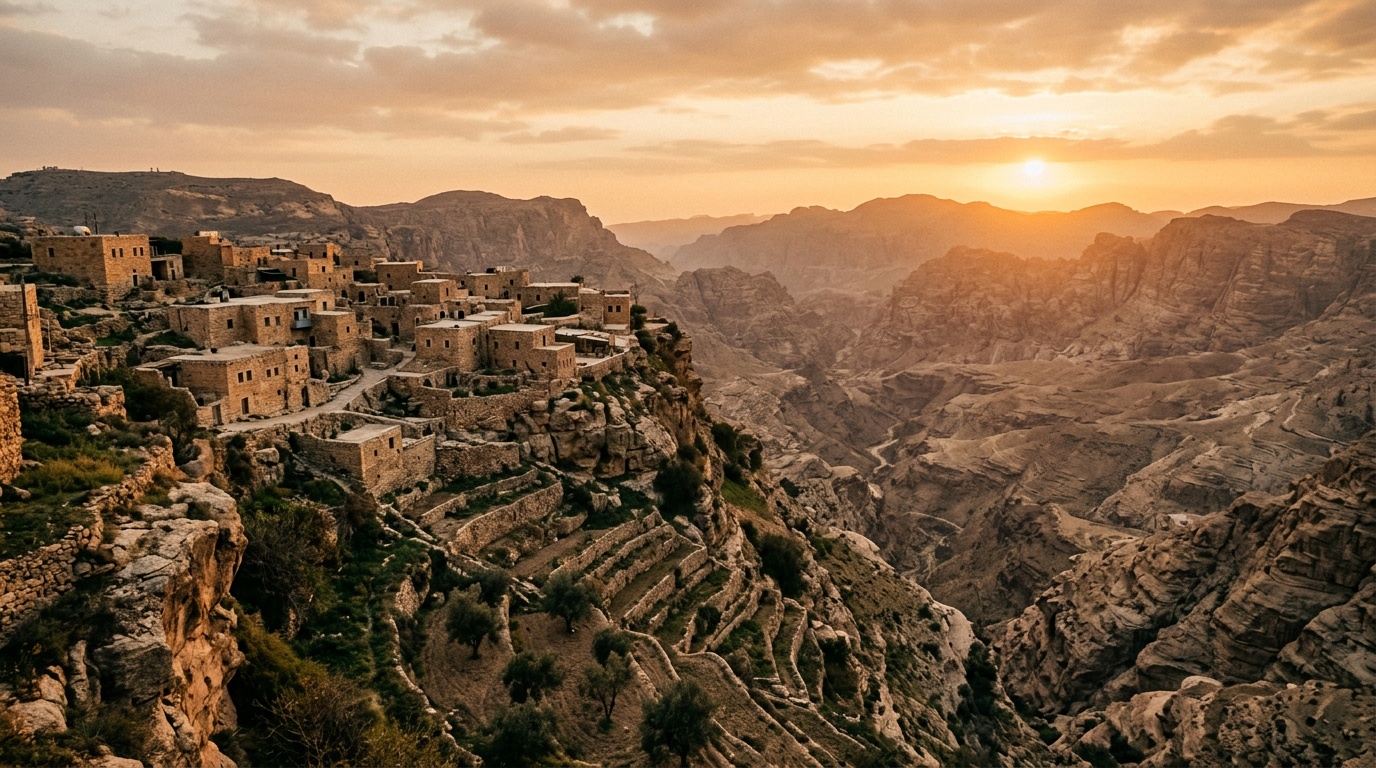 Каменная деревня Дана на краю обрыва с видом на рифтовую долину, тёплый закатный свет, каменные террасы и горный пейзаж