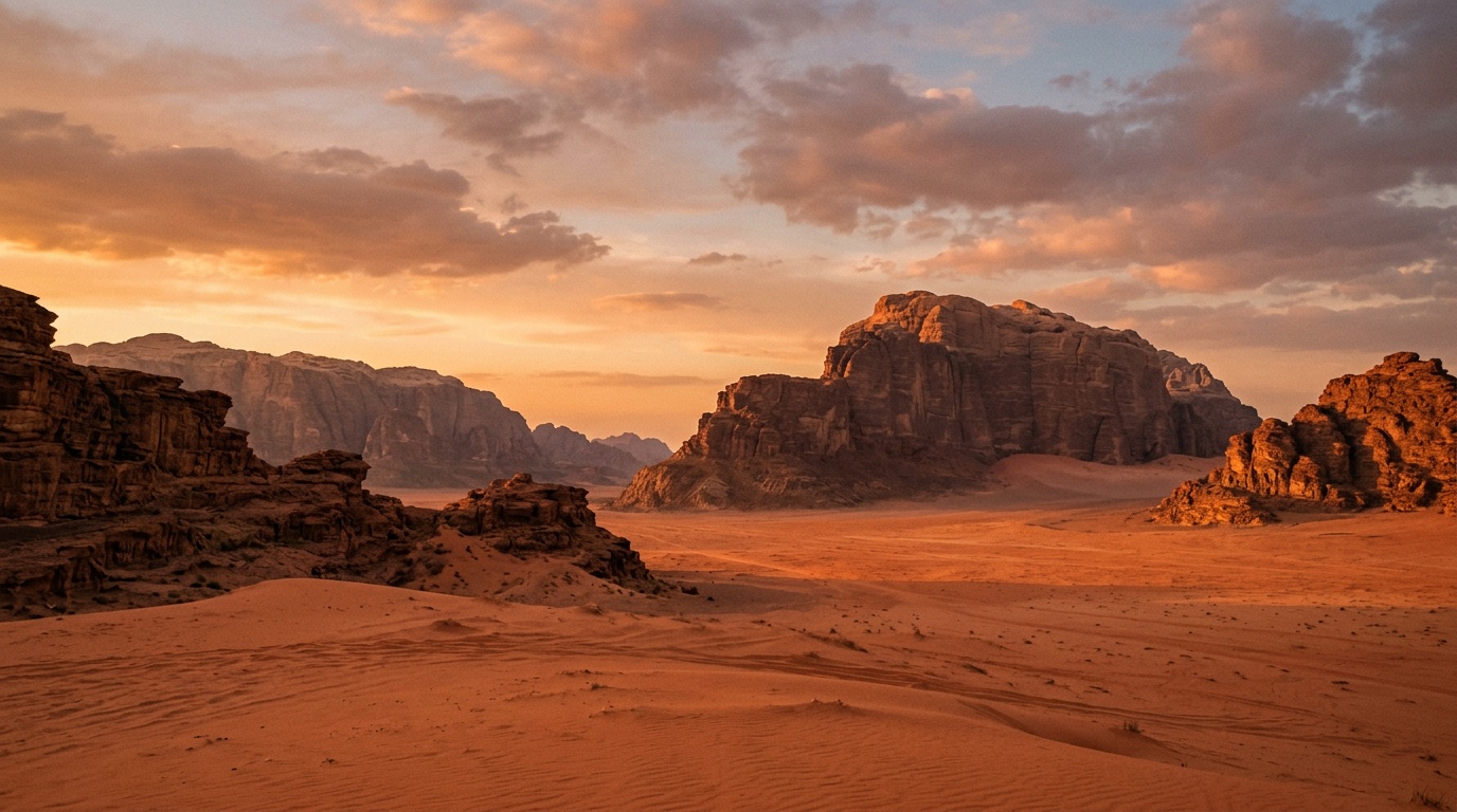 Красные скалы Вади Рам на закате, марсианский пустынный пейзаж с песчаными дюнами и столовыми горами в тёплом оранжевом свете
