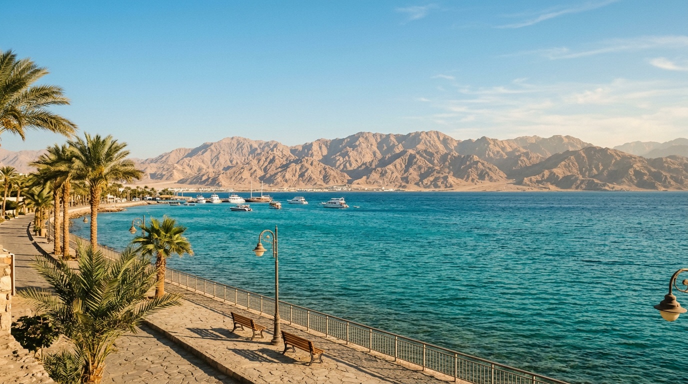 Бирюзовое Красное море в Акабе, вид с набережной на горы Синая через залив, ясный солнечный день