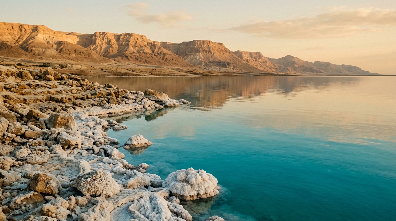 Берег Мёртвого моря, кристаллы соли на камнях, бирюзовая неподвижная вода и пустынные горы на противоположном берегу