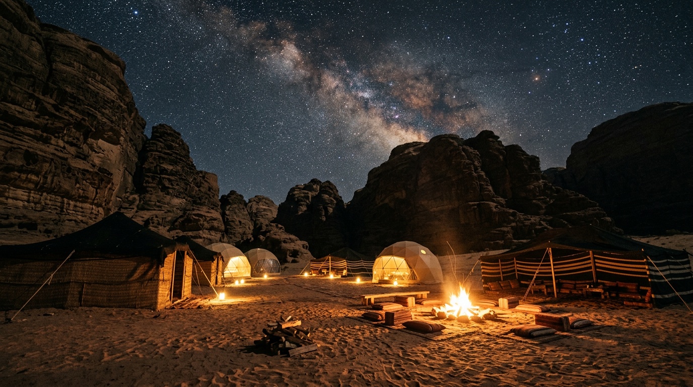 Ночной бедуинский лагерь в Вади Рам, костёр под звёздным небом, силуэты скал и палатки-купола