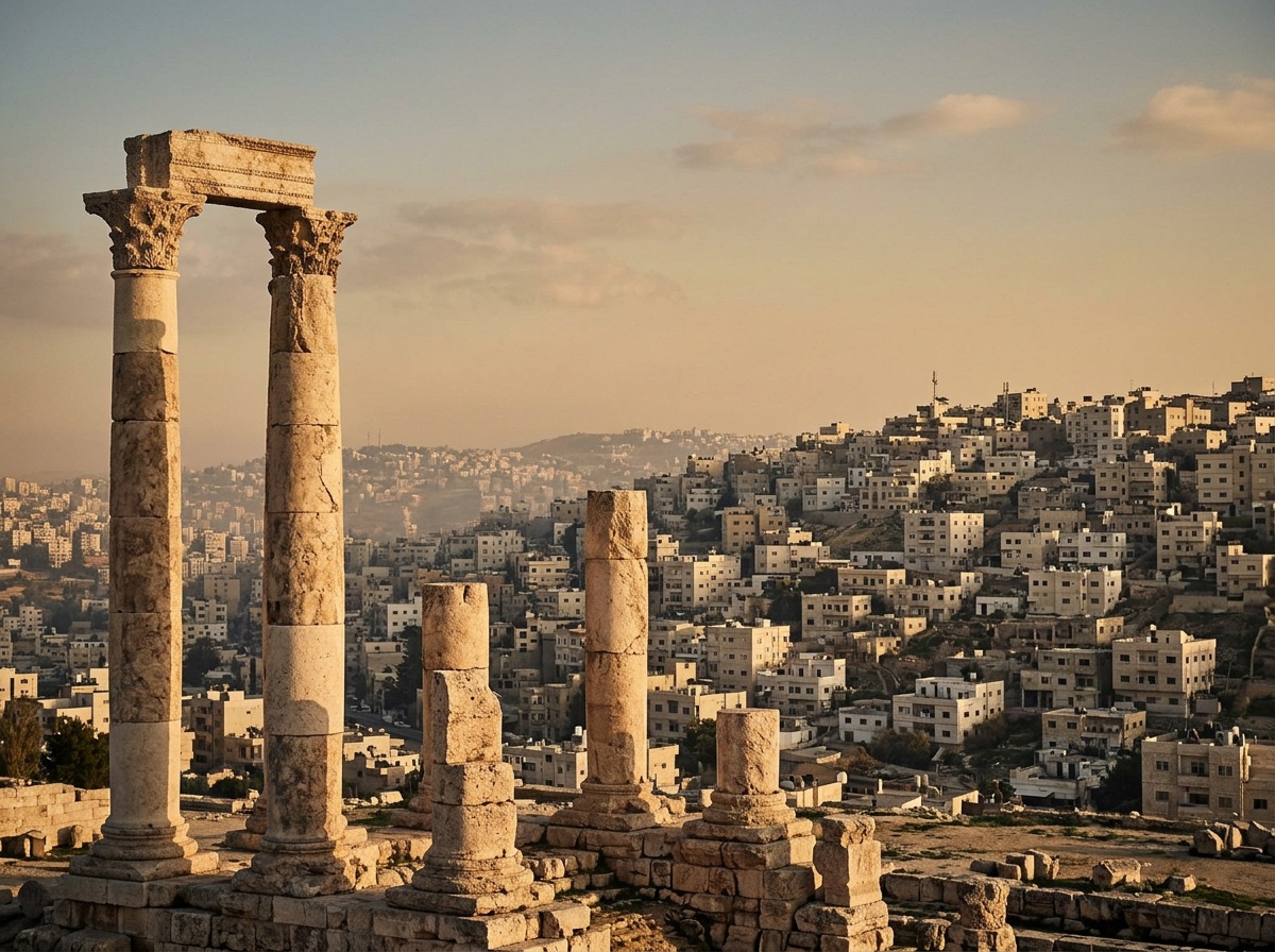 Вид на Амман с Цитадели, белые каменные дома на холмах, колонны римского храма Геркулеса на переднем плане