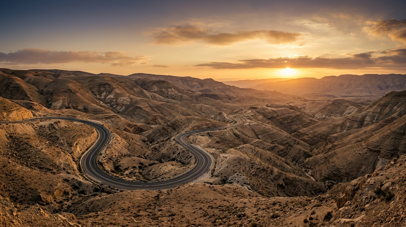 Панорама Королевской дороги King's Highway на закате, вид на холмистую пустыню Иордании с петляющей асфальтовой дорогой
