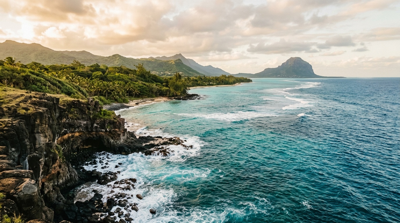 Панорама южного побережья Маврикия с базальтовыми скалами и бирюзовой лагуной
