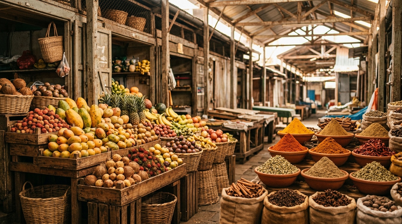 Рынок Central Market в Порт-Луи с пирамидами тропических фруктов и специй