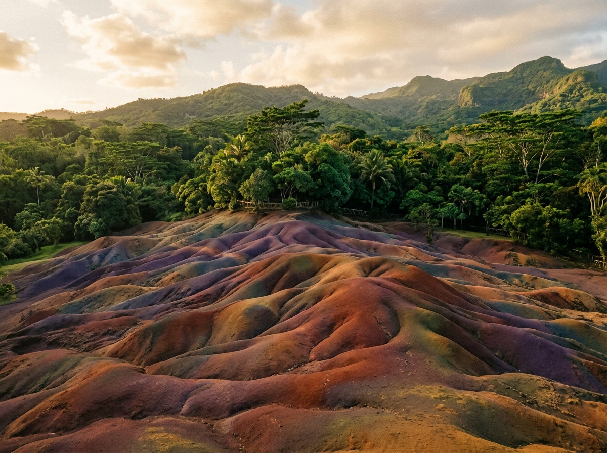 Семицветная земля Шамареля с дюнами от красного до фиолетового на фоне тропического леса