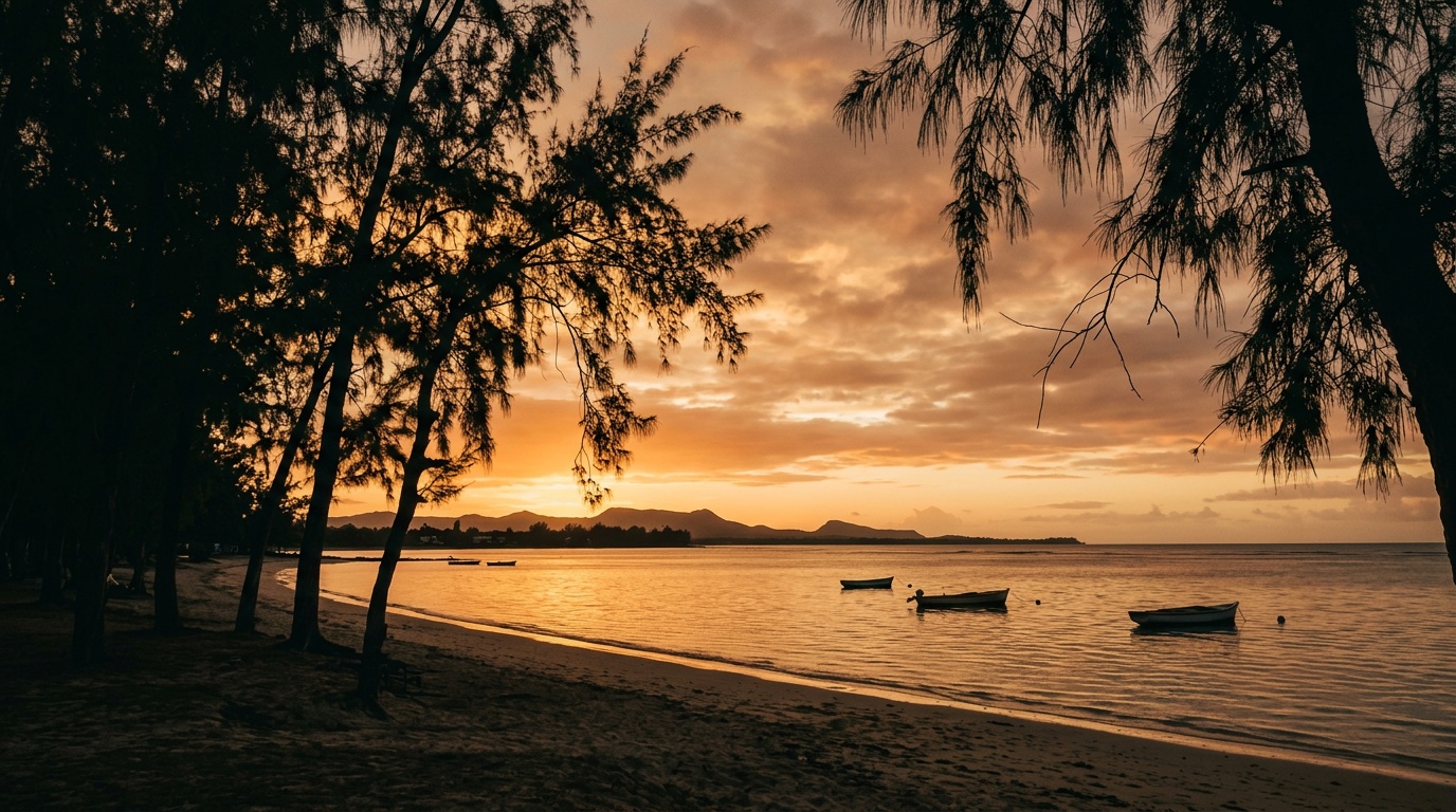 Закат над лагуной Флик-ан-Флак с силуэтами казуарин на фоне оранжевого неба