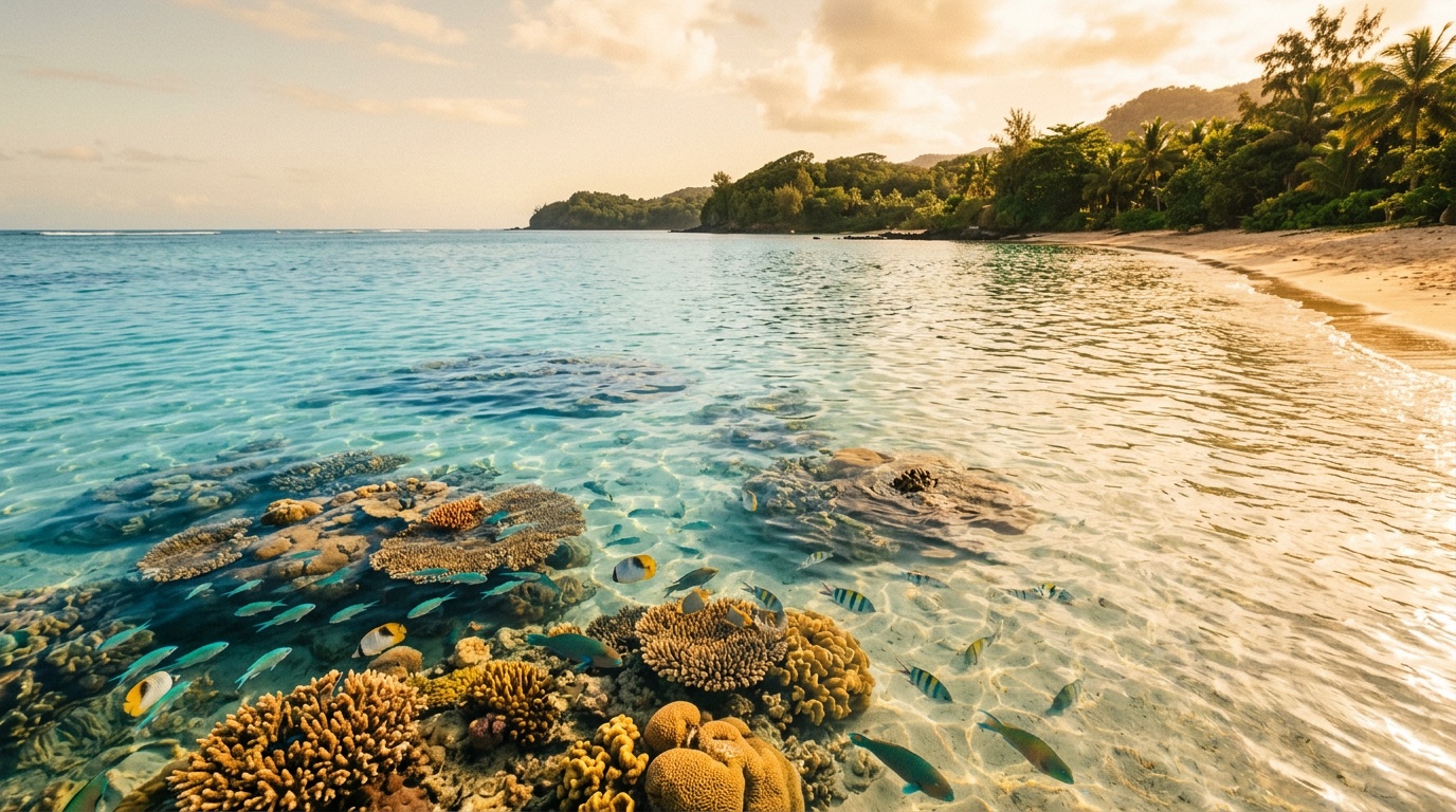 Кристально чистая вода Блю-Бэй с коралловыми рифами и тропическими рыбами у берега