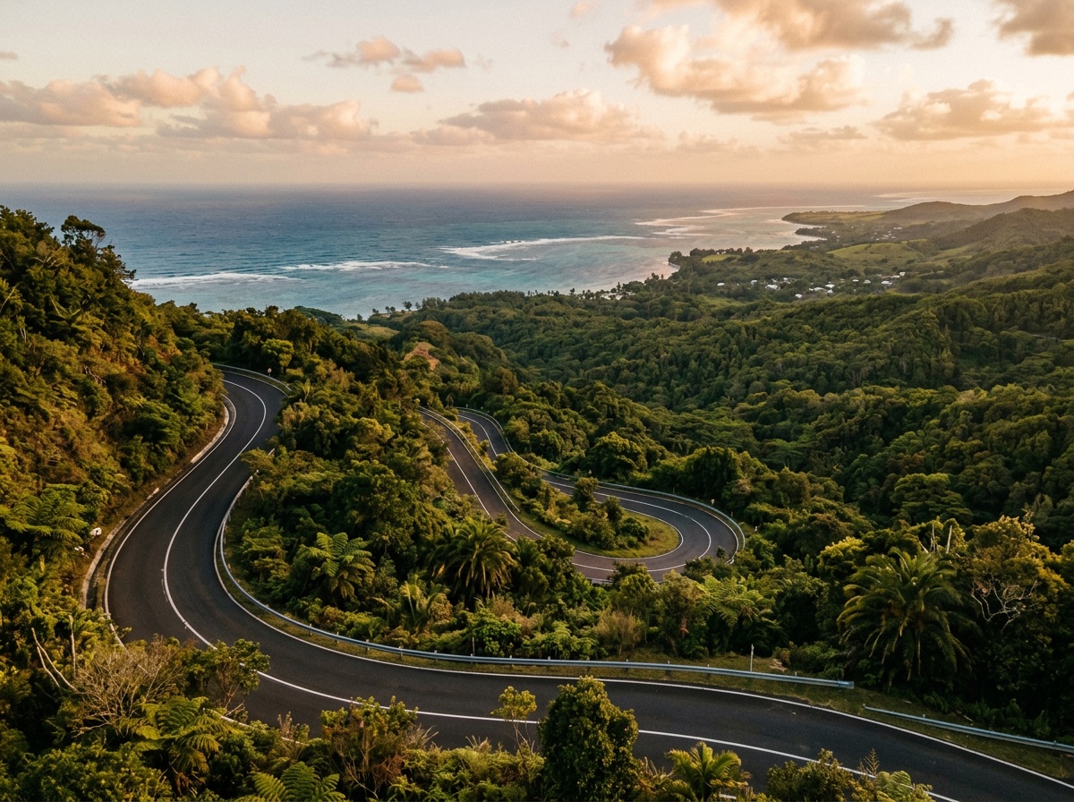Серпантин дороги B103 к Шамарелю с видом на океан и тропический лес внизу