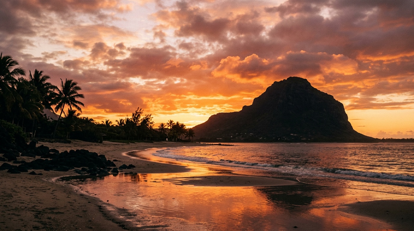 Закат на пляже Ле-Морн с силуэтом горы Ле-Морн Брабан на фоне пылающего неба