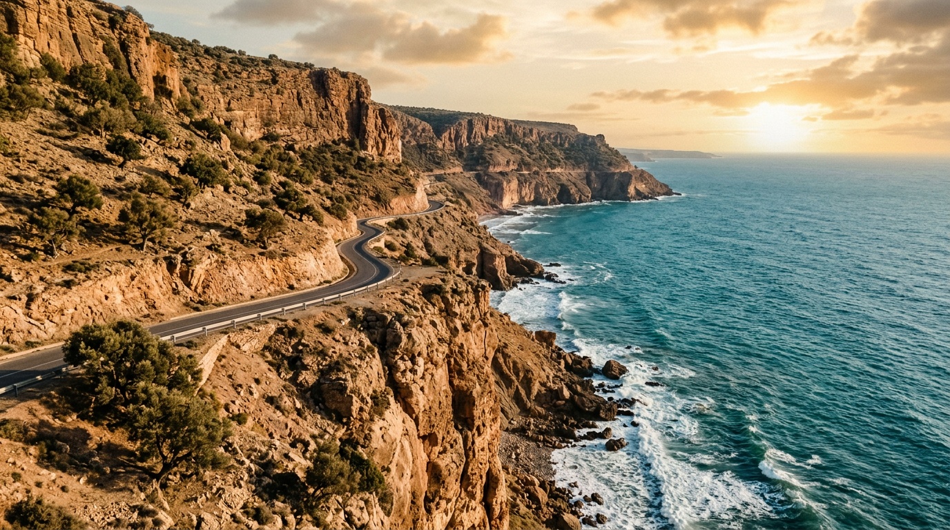 Прибрежные утёсы между Тагазутом и Тамри -- красновато-коричневые скалы обрываются в бирюзовый Атлантический океан, белая пена волн у подножия, извилистая дорога на краю обрыва, аргановые деревья на склоне