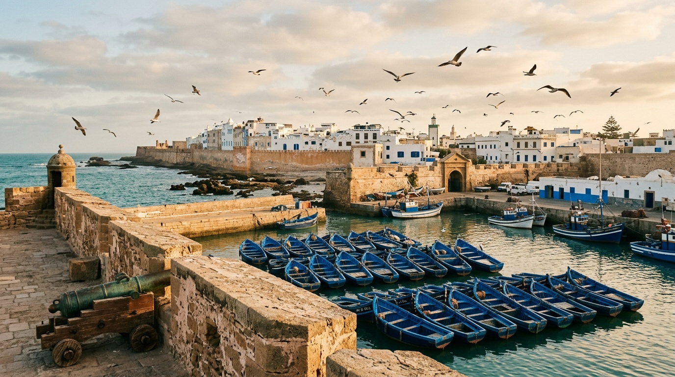 Вид на порт Эссуэйры с крепостной стены -- синие рыбацкие лодки на воде, белые стены медины на заднем плане, чайки в полёте, тёплый послеполуденный свет