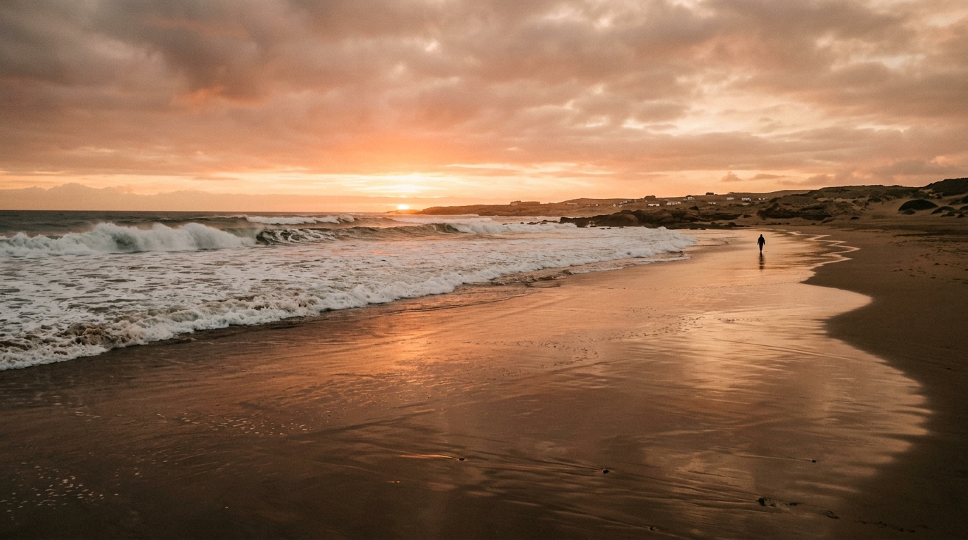 Дикий пляж Сиди Кауки на закате -- бесконечная полоса мокрого песка, отражающая закатное небо, одинокая фигура на берегу, огромные атлантические волны, тёплые оранжево-розовые тона