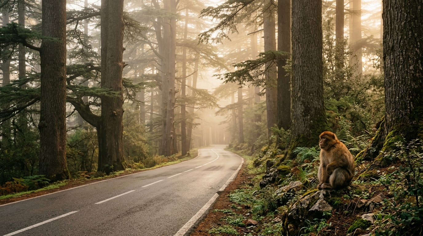 Дорога через кедровый лес Среднего Атласа в Марокко -- гигантские атласские кедры по обеим сторонам асфальтовой дороги, утренний туман между стволами, берберийская макака сидит на обочине