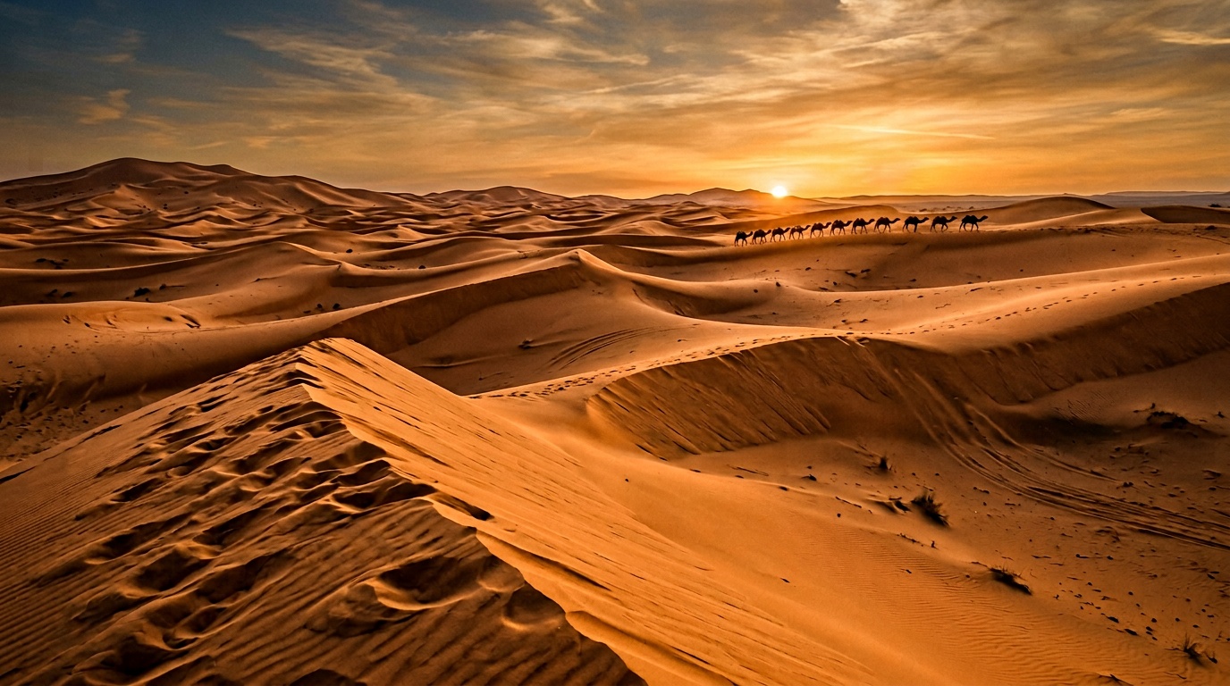 Закат над дюнами Эрг Шебби в пустыне Сахара -- огромные оранжевые песчаные дюны с чёткими линиями гребней, длинные тени, маленький караван верблюдов на горизонте