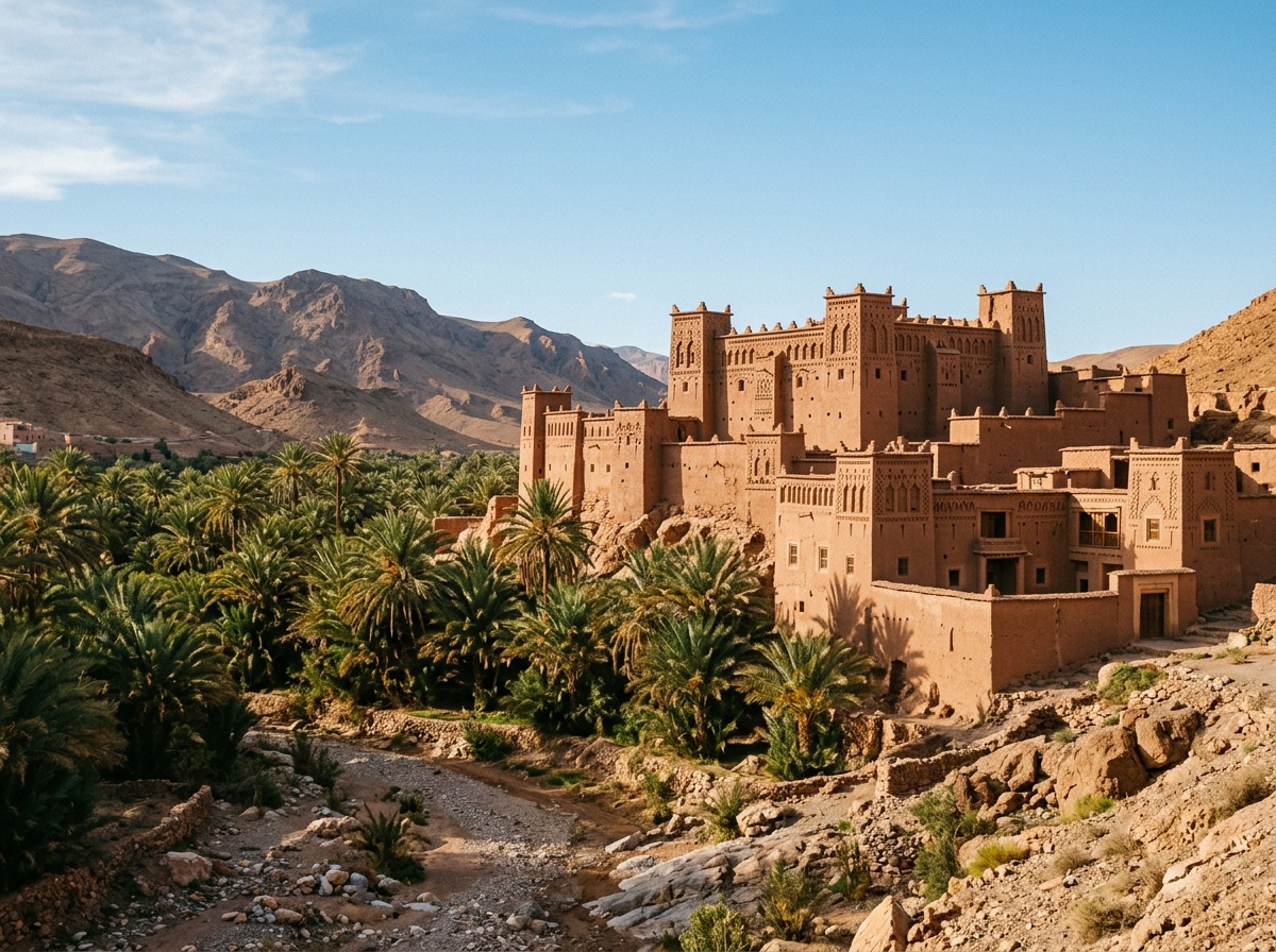 Глинобитная касба на фоне пальмовой рощи в долине Дадес -- красно-коричневые стены крепости с геометрическими узорами, зелёные пальмы, сухое русло реки на переднем плане, чистое голубое небо
