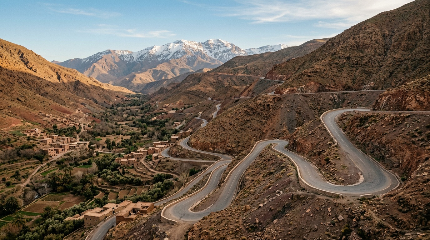 Серпантины перевала Тизи-н-Тишка в Высоком Атласе -- извилистая дорога поднимается зигзагами по красно-коричневому горному склону, внизу глубокая долина с берберской деревней, снежные вершины на горизонте