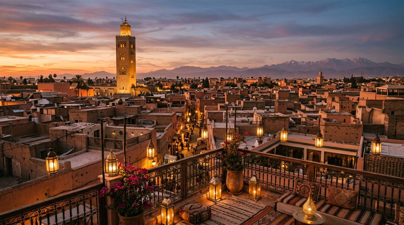 Вид с крыши риада в Марракеше на вечернюю медину -- террасы с фонариками, минарет мечети Кутубия подсвечен тёплым светом на фоне закатного неба, горы Атлас на горизонте