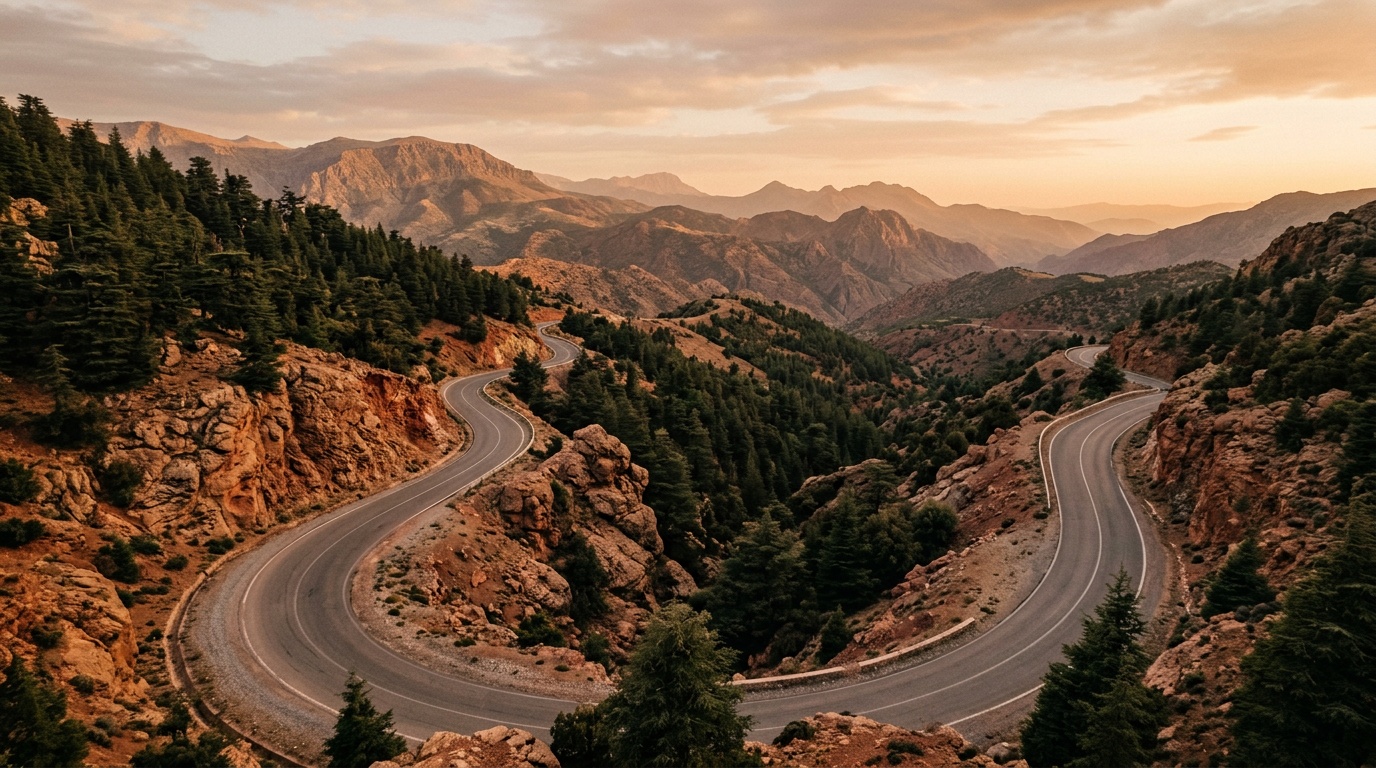 Панорама марокканской дороги через Средний Атлас -- извилистый серпантин среди красно-охряных скал с кедровым лесом по обочинам, тёплый вечерний свет