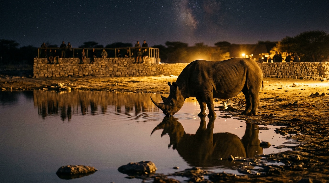 Чёрный носорог у освещённого водопоя Окаукуеджо ночью, отражение в воде, фигуры наблюдателей на каменной стенке вдалеке