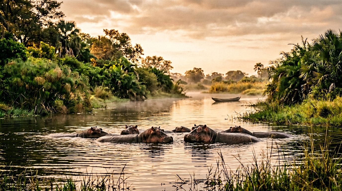 Бегемоты в реке Окаванго, зелёные берега, тропическая растительность, лодка рыбака вдалеке, мягкий утренний свет
