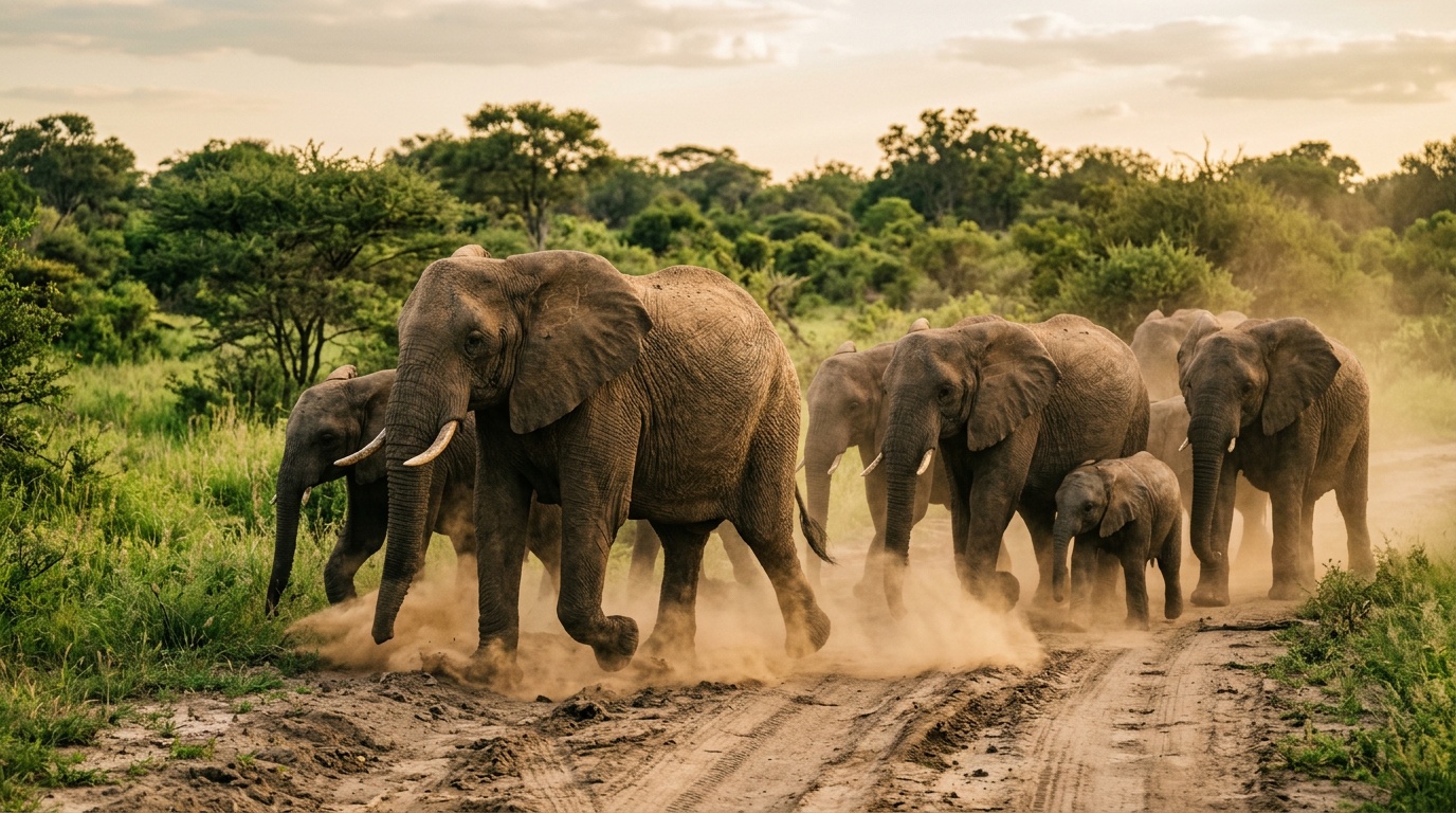 Стадо слонов переходит грунтовую дорогу в парке Бвабвата, зелёная африканская саванна, пыль из-под ног, близкий ракурс
