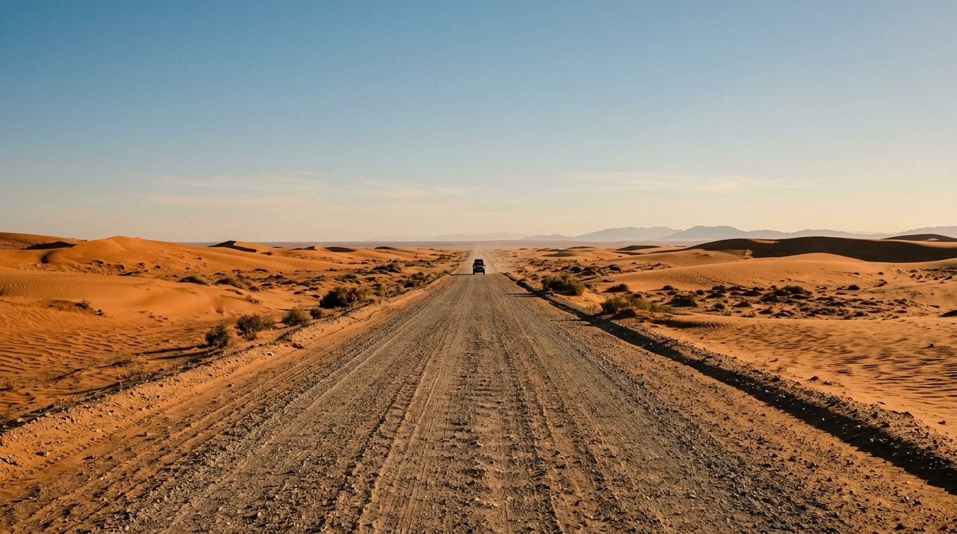 Бесконечная прямая гравийная дорога через пустыню Намиб, оранжевый песок по сторонам, одинокий внедорожник вдалеке, ясное небо
