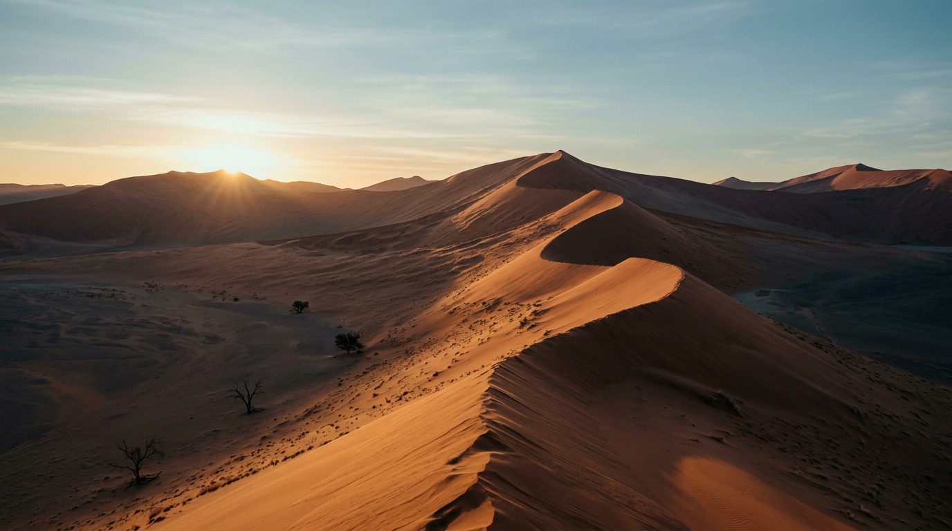Красные дюны Соссусфлей на рассвете, острые гребни песчаных дюн на фоне голубого неба, длинные тени на оранжевом песке