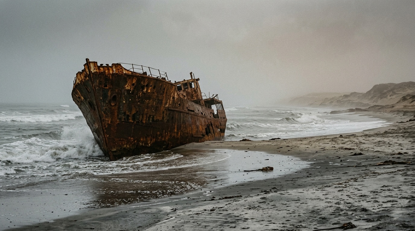 Ржавый остов корабля на Берегу Скелетов, серый песок, атлантический туман и волны, мрачное величественное побережье