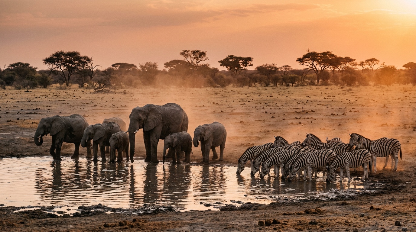 Слоны и зебры у водопоя в парке Этоша, пыльный закатный свет, сухая равнина и редкие деревья на горизонте
