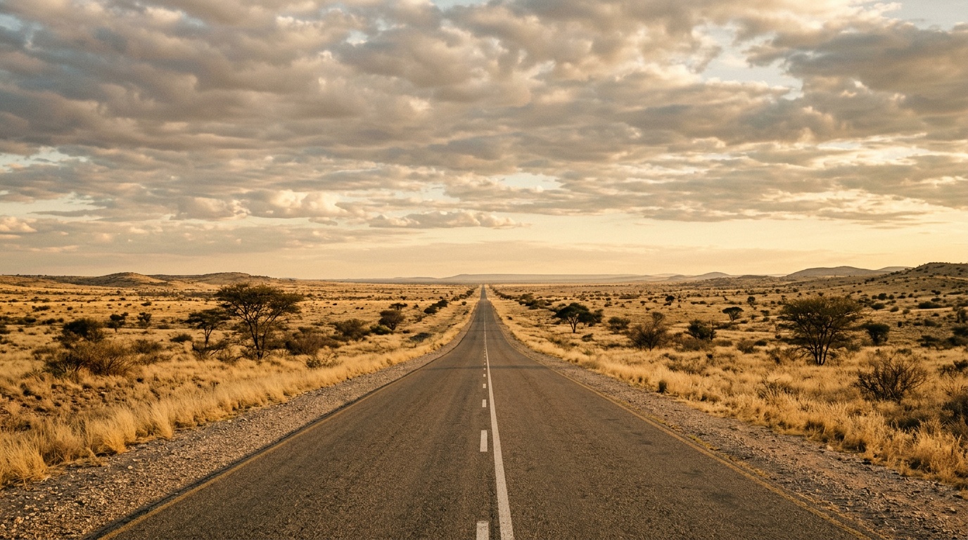 Прямая асфальтовая дорога B1 через саванну Намибии, редкие деревья по сторонам, облака над горизонтом, ощущение бесконечности