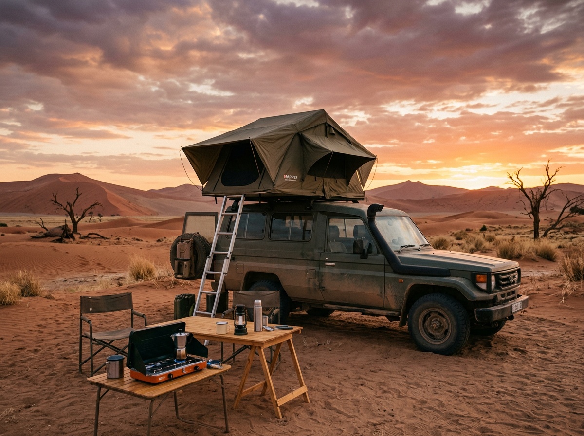 Палатка на крыше внедорожника в намибийской пустыне, закатное небо, лагерный стол с газовой горелкой, вечерний свет