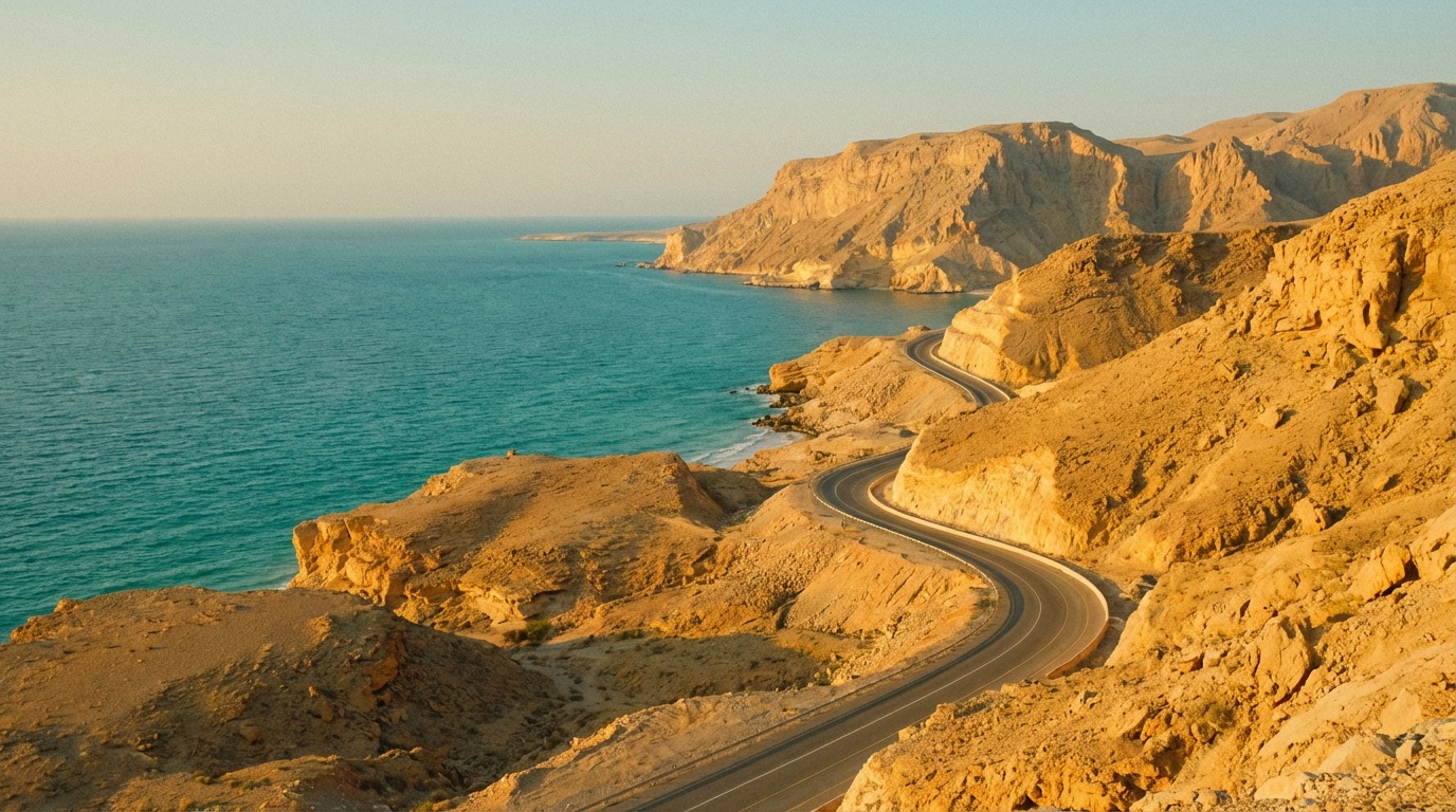 Панорама побережья Омана: бирюзовое Аравийское море, скалистый берег и пустынная дорога, уходящая вдоль кромки воды