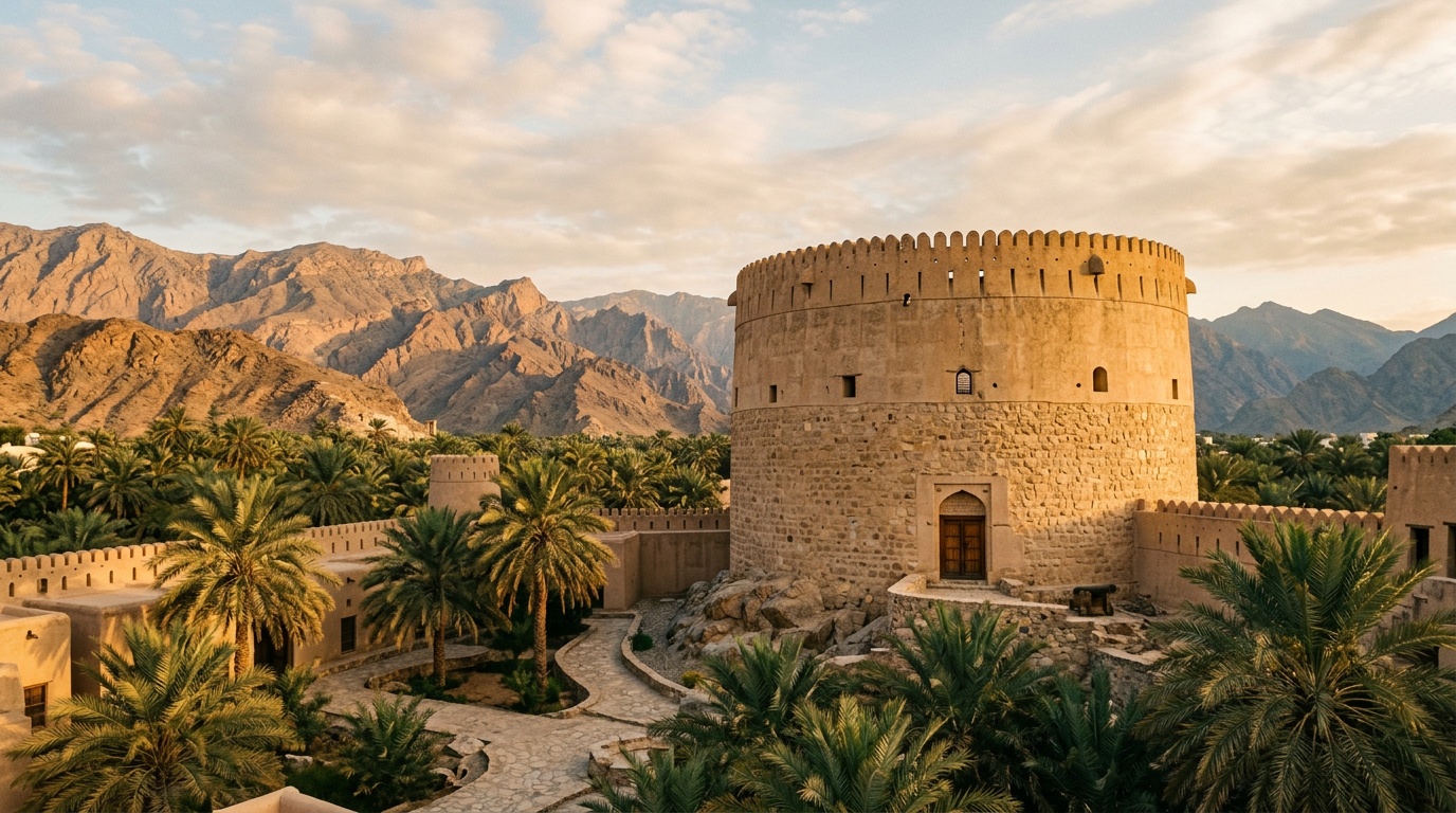 Круглая башня форта Низвы из золотистого камня на фоне хребта Хаджар, финиковые пальмы во дворе, тёплый утренний свет