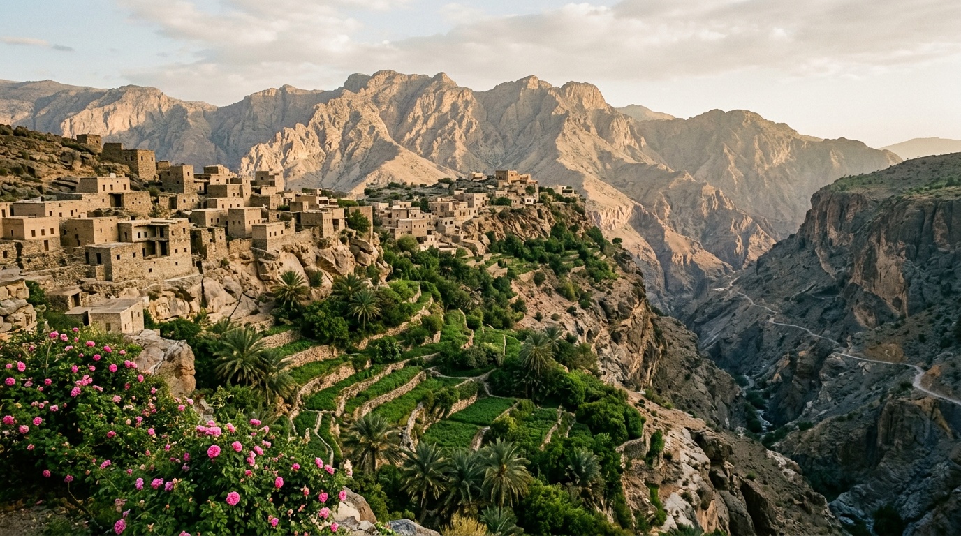 Террасные деревни на склонах Джебель Ахдар, каменные дома на краю глубокого ущелья, зелёные террасы с розовыми кустами, горный хребет Хаджар на заднем плане