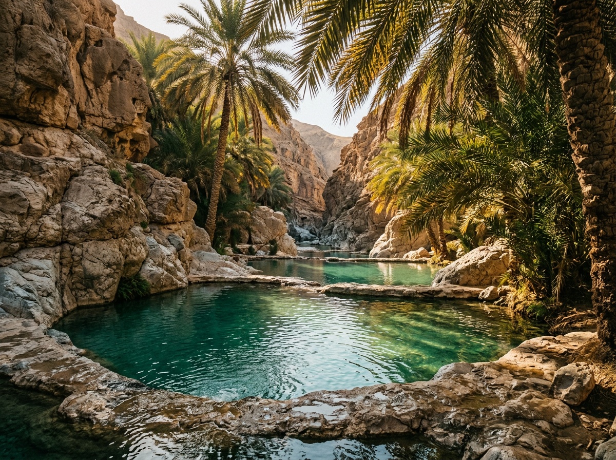 Бирюзовая вода в каменных бассейнах Вади Бани Халид, пальмы над водой, отвесные каменные стены ущелья, солнечные лучи пробиваются сквозь листву