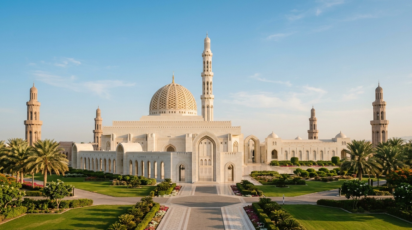 Белоснежная Большая мечеть Султана Кабуса в Маскате на фоне голубого неба, минареты и центральный купол, ухоженные сады вокруг