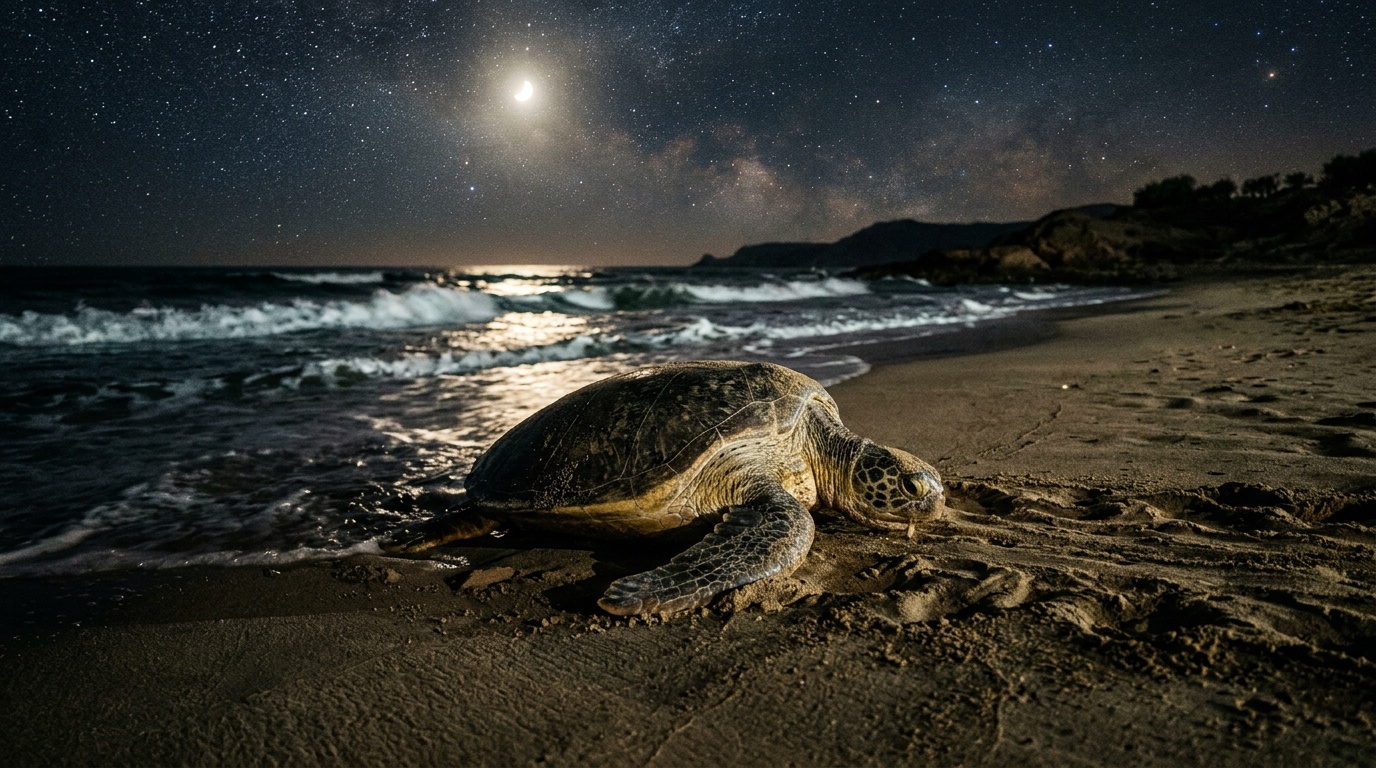 Зелёная морская черепаха выходит из тёмного океана на песчаный пляж ночью, звёздное небо над Аравийским морем, луна освещает волны