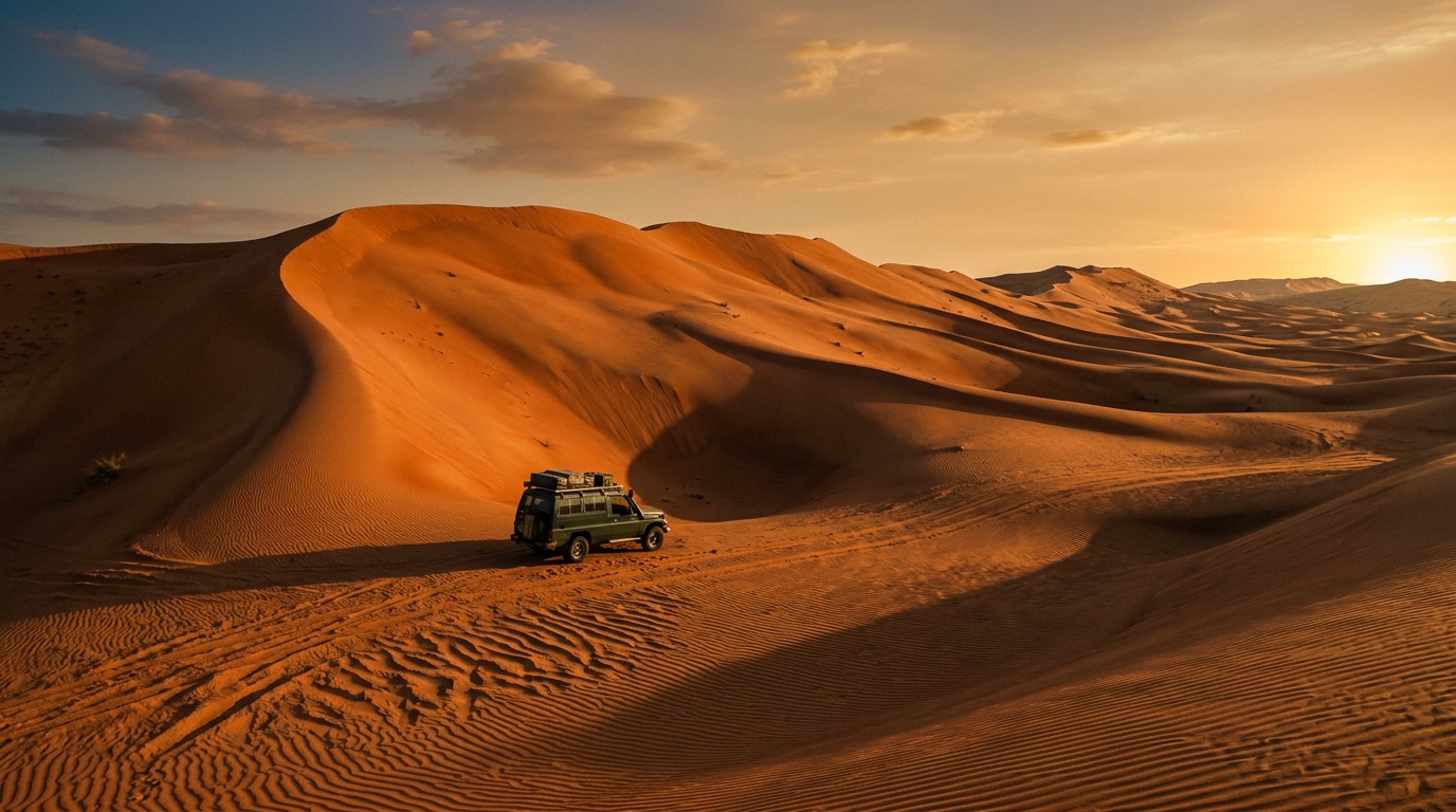 Высокие оранжевые песчаные дюны Вахиба на закате, длинные тени ложатся на волны песка, одинокий внедорожник у подножия дюны