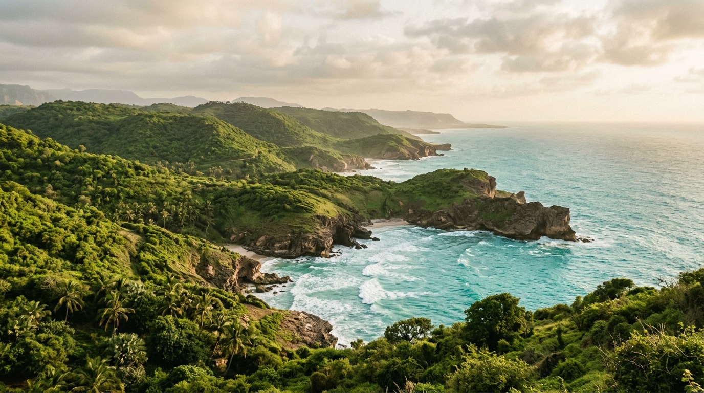 Зелёные холмы побережья Дофар, покрытые тропической растительностью, внизу — бирюзовый океан и скалистые бухты, мягкий рассеянный свет