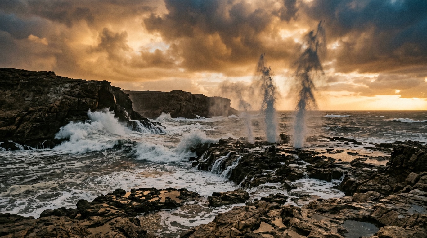 Скалистый берег пляжа Аль-Мугсаил, мощные волны Аравийского моря бьют о скалы, водяные фонтаны из blowholes поднимаются вверх, драматическое небо