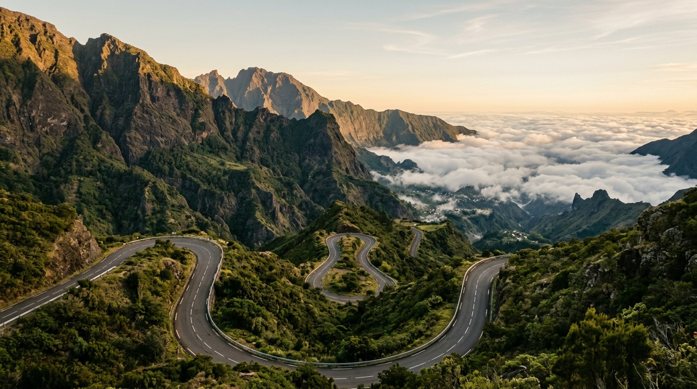 Серпантин дороги в Силаос с видом на вулканические стены цирка и облака внизу
