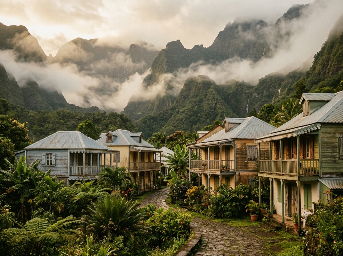 Креольские дома Элль-Бурга в цирке Салази среди тропической зелени и туманных горных стен