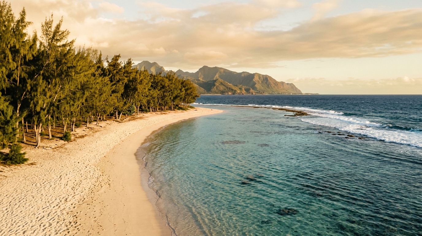 Пляж Эрмитаж в Сен-Жиле с лагуной, защищённой коралловым рифом, и казуаринами на берегу
