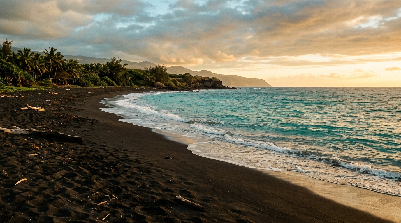 Пляж из чёрного вулканического песка Этан-Сале с бирюзовой водой Индийского океана