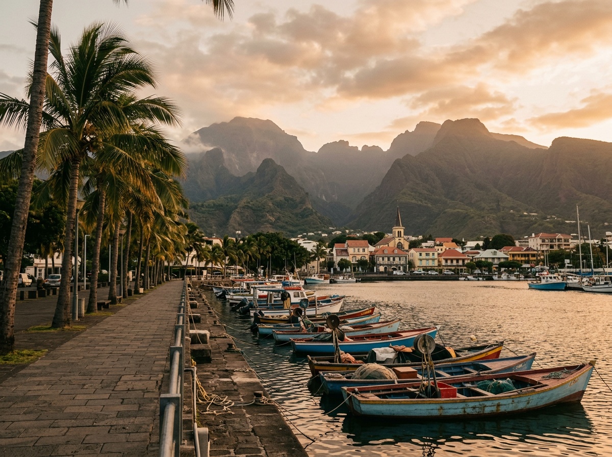 Набережная Сен-Пьера с пальмами, рыбацкими лодками и вулканическими горами на заднем плане