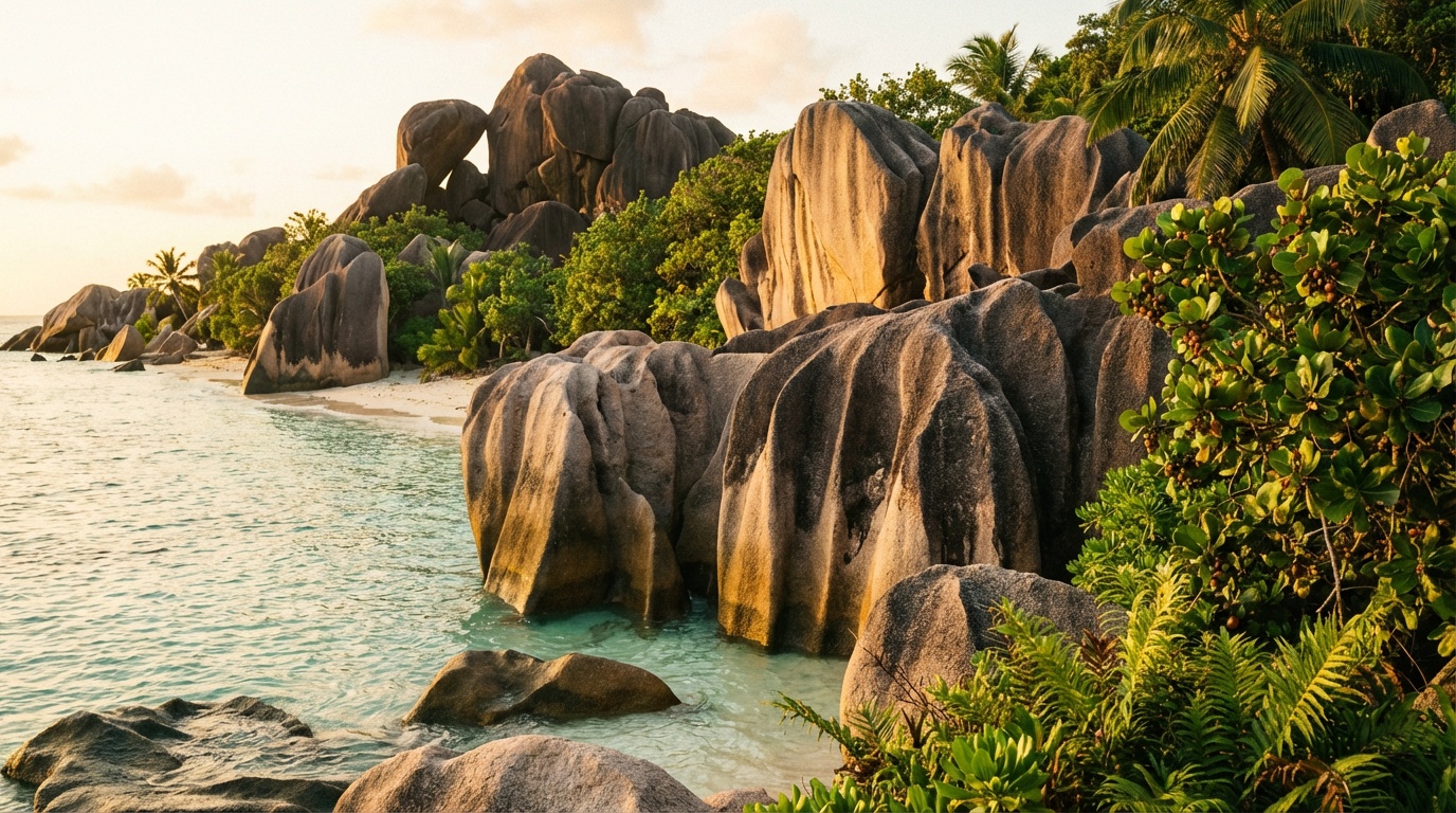 Гранитные валуны на пляже Сейшельских островов с бирюзовой водой и тропической растительностью