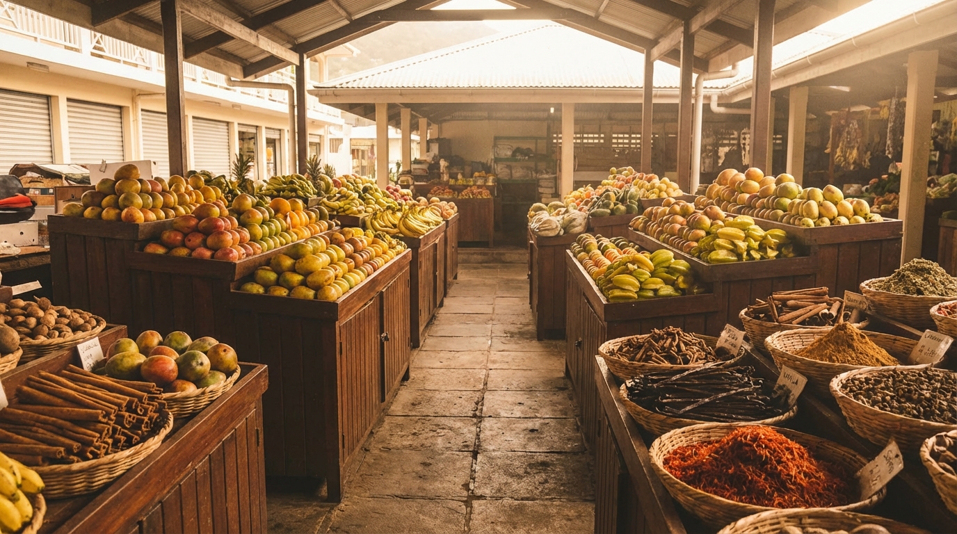 Рынок Сэр-Селвин-Кларк в Виктории с пирамидами тропических фруктов и специй