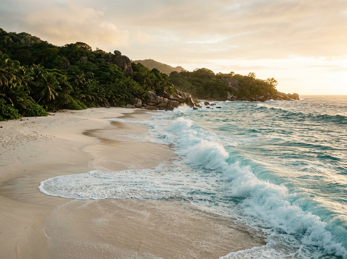 Дикий пляж Анс-Интенданс на юге Маэ с белым песком и мощными волнами океана